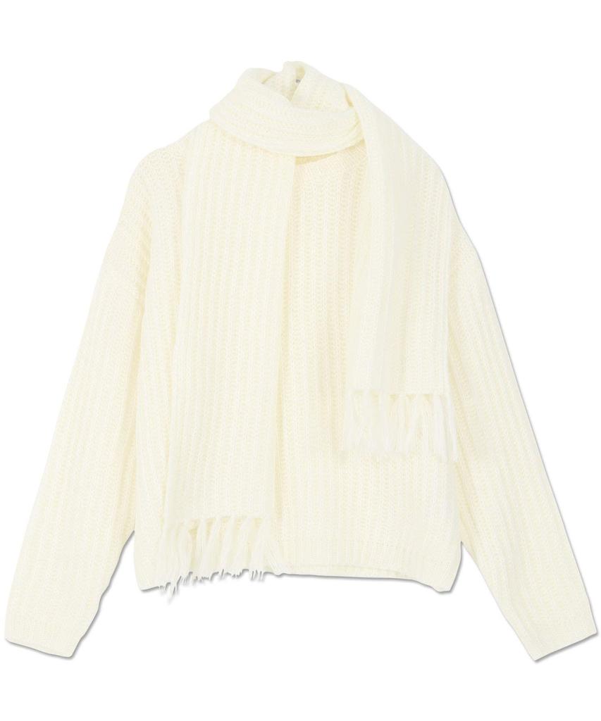 Kobe Lettuce Mohair Touch Knit Top with Scarf Free Size Ivory [C5007]