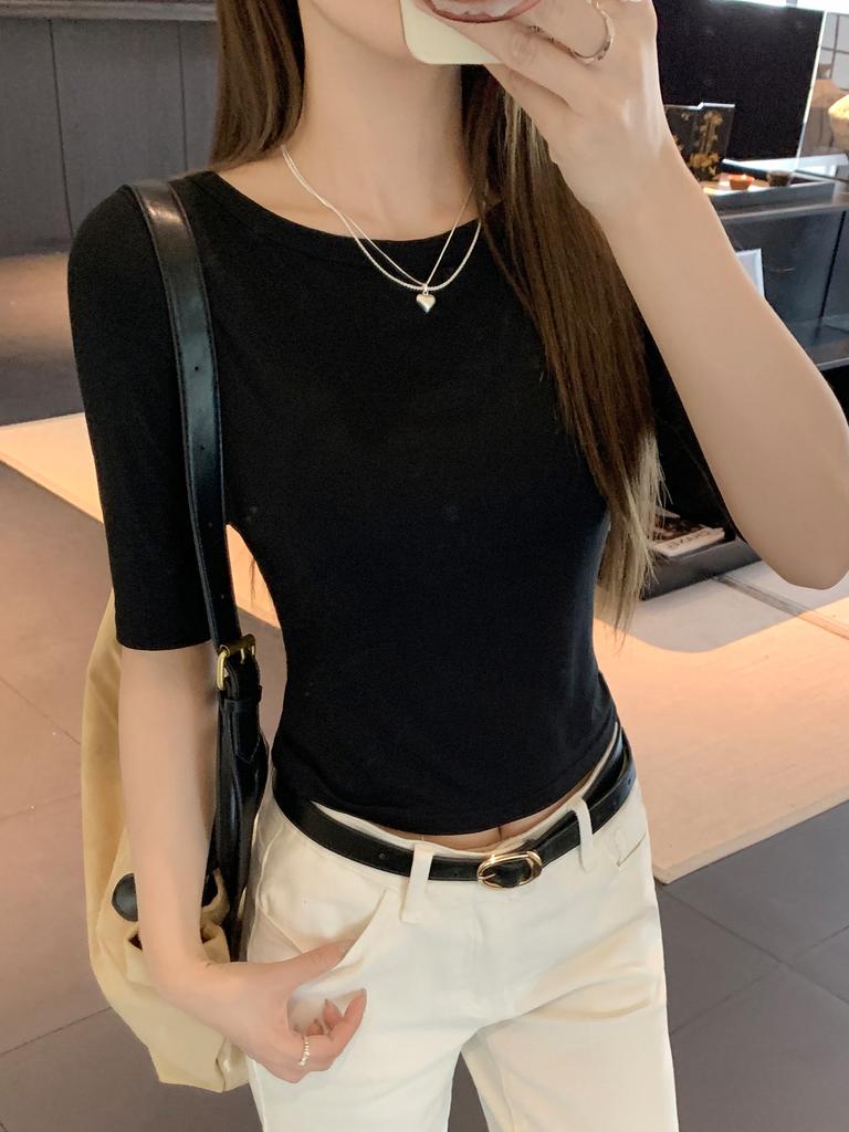 Black Sexy Hollowed-out Backless Lace-up Short-sleeved T-shirt for Women's Autumn Slim-fitting and Thin Babes