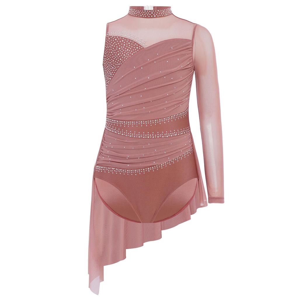 Vestido de Dança Lírica para Meninas Fantasia de Patinação Artística Strass Brilhantes Saia com Sobreposição de Malha Franzida Collant com Saia para Apresentação