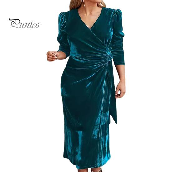 

Женское осенне-весеннее платье с V-образным вырезом, однотонное, со шнуровкой, обтягивающее, бархатное, длиной до середины икры, с длинными рукавами, плиссированное, для свиданий, поездок на работу, миди-платье L зелёный