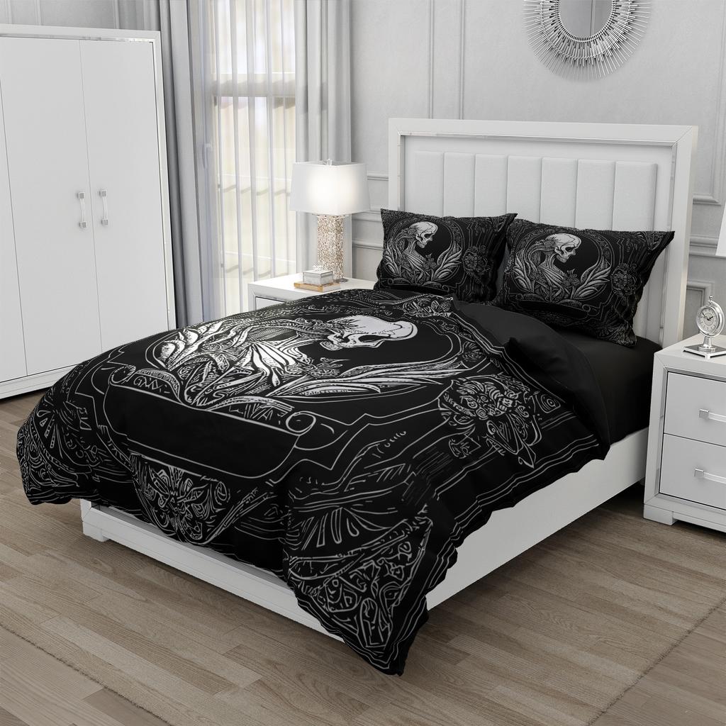 Skull & Skeleton Gothic Vintage Duvet Cover Set 200x200cm King Size Bedding Set Halloween Home Decor Boho Dark Fantasy Bed Set