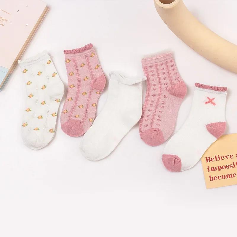 5 Pares/Lote Calcetines de Algodón Suave para Niños Estampado Coreano de Corazón de Amor Flor Calcetines de Bebé para Niña Otoño Invierno Cálidos Calcetines de Tubo Medio para Niños