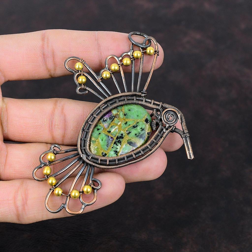 Copper Ruby Zoisite Pendant Copper Wire Wrapped Pendant Ruby Zoisite Jewelry Gemstone Pendant Handmade Bird Pendant Copper Jewelry For Gift