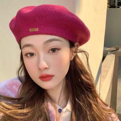 Beret Korean Style Leather Label Versatile Woolen Beret Autumn and Winter Retro Painter Hat for Girls