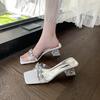 2025 summer new fashion transparent crystal and one-word temperament rhinestone versatile fashion high-heeled cool slippers