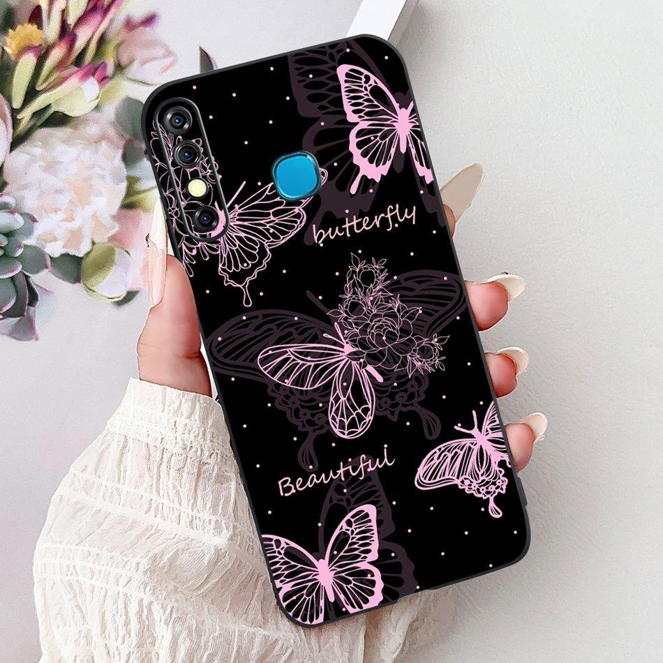 For Infinix Hot 8 Phone Case Hot 8 Lite Hot8 X650 X650C X650B X650D Elegant Floral Cat Pattern Black Silicone Soft TPU Cases