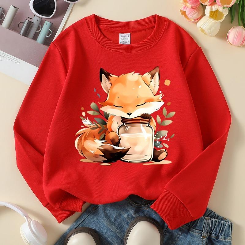 Kids Crewneck Sweatshirt, Cute Fox Holding Milk Jar Print, Soft Casual Pullover for Fall Winter