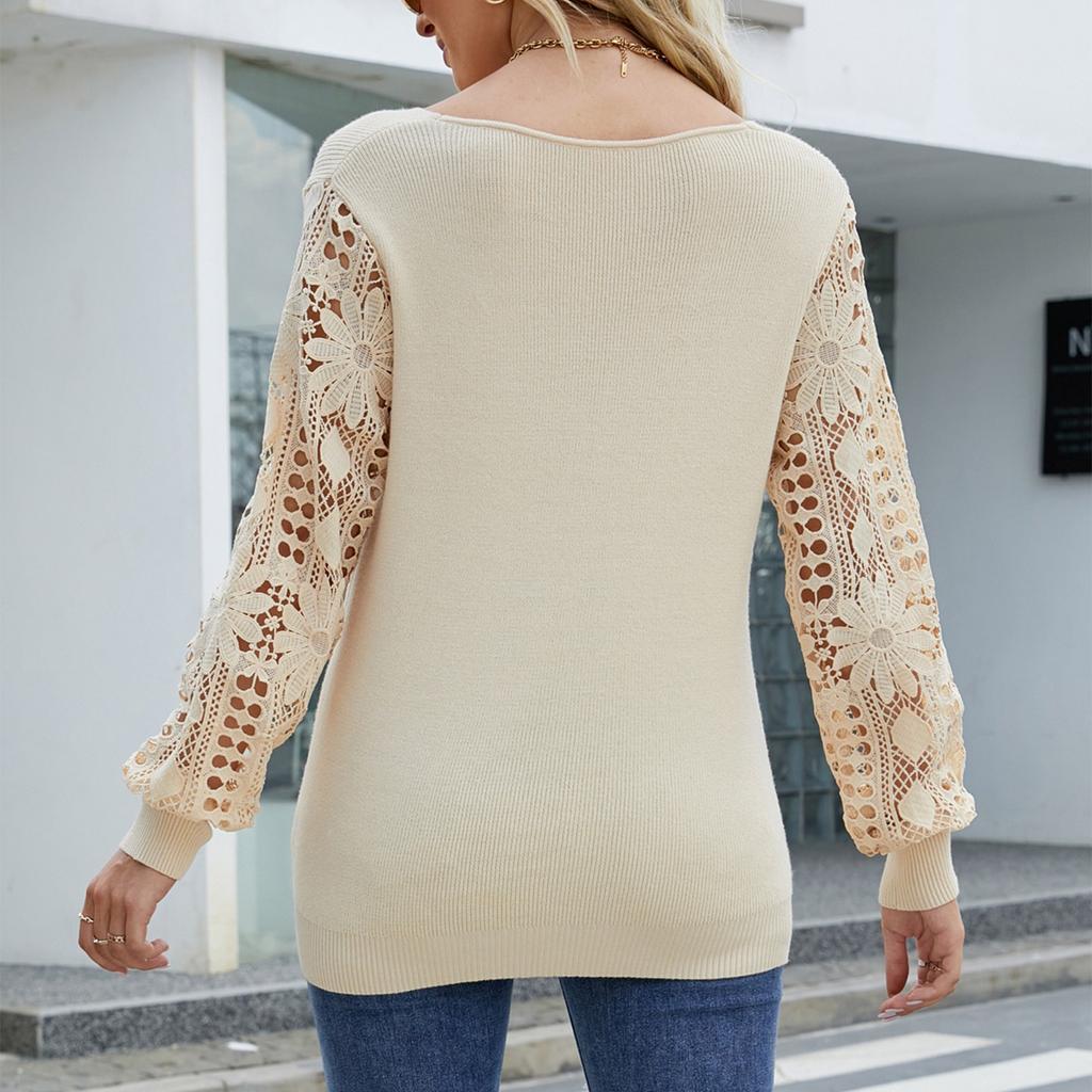 Pulover tricotat pentru femei, cu decolteu în V, cu mânecă lungă, cu îmbinare din dantelă, pulover