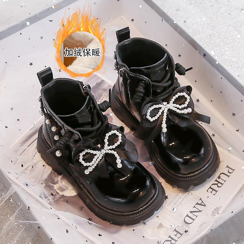 

Children s Solid Color Cotton Boots, New Autumn/Winter Style, Fleece-Lined, Girls Pearl Flower Bow Non-Slip Warm Martin Boots 26Inner Length15.6cm