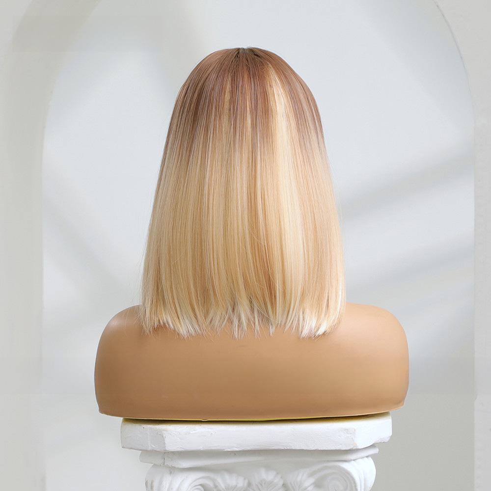 Gradient Platinum Highlight Shoulder-Length Straight Wig: European & American Style, Synthetic Fiber