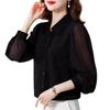 Damen Bluse aus schwarzem Chiffon mit langen Ärmeln - Eleganter Frühfrühlings-, Herbst- und Winterstil 2023.