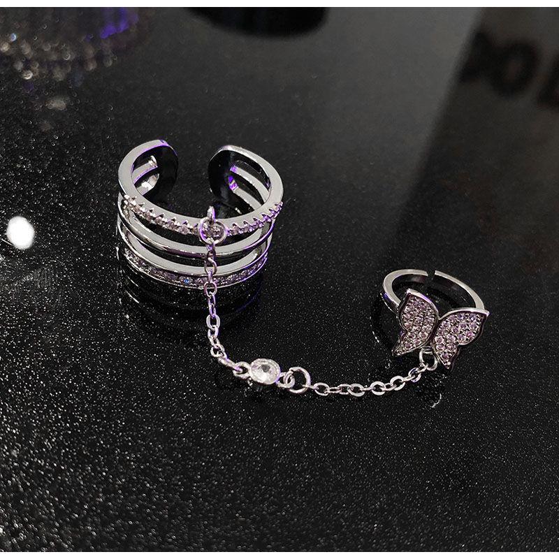 Butterfly Rhinestone Double-Finger Tassel Ring - Women's Unique Chain Design