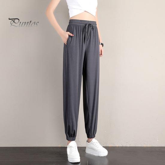 Summer Thin Ice Silk Sports Pants Elastic Drawstring Waist Pockets Casual Sweatpants Solid Color Loose Fit Fitness Trousers Streetwear