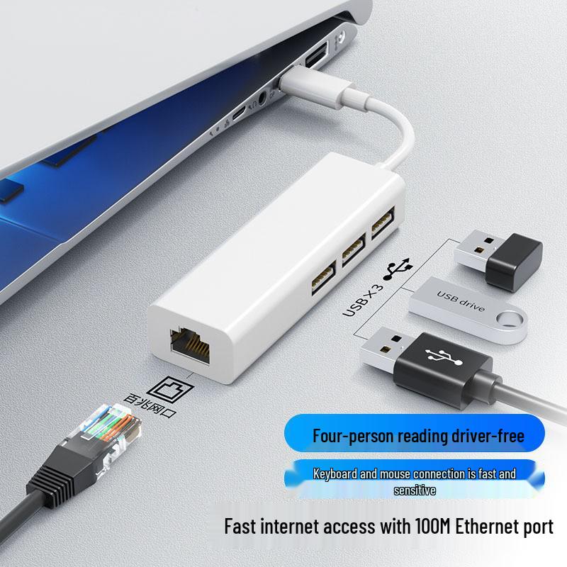 RJ45 Type-C to USB Network Card Converter, USB2.0 HUB, Driver-Free 100Mbps Wired Network Adapter