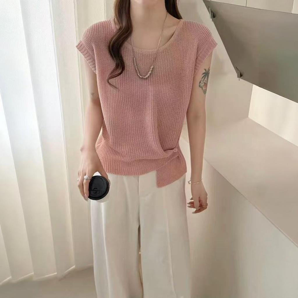 Lyocell Puff Sleeve Slimming Linen Knit Sleeveless Women's T-Shirt