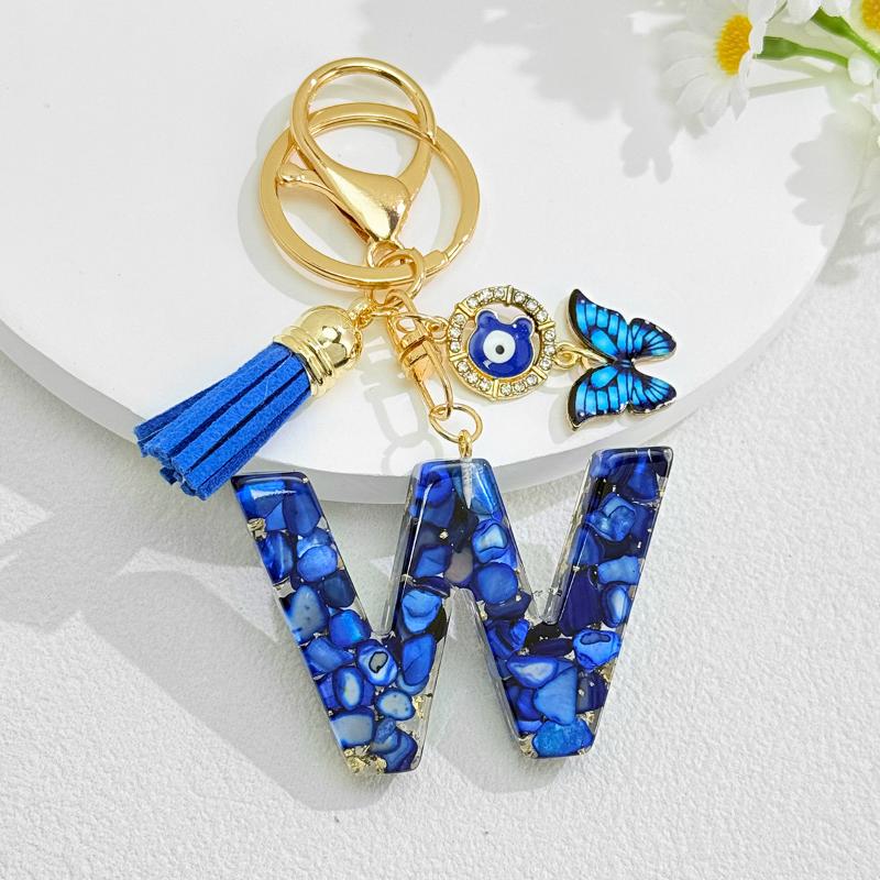 Fashion Blue Glazed Stone A To Z Letter Keychain 26 Initials Alphabet Butterfly Tassel Pendant Car Keyring Women Jewelry Gifts