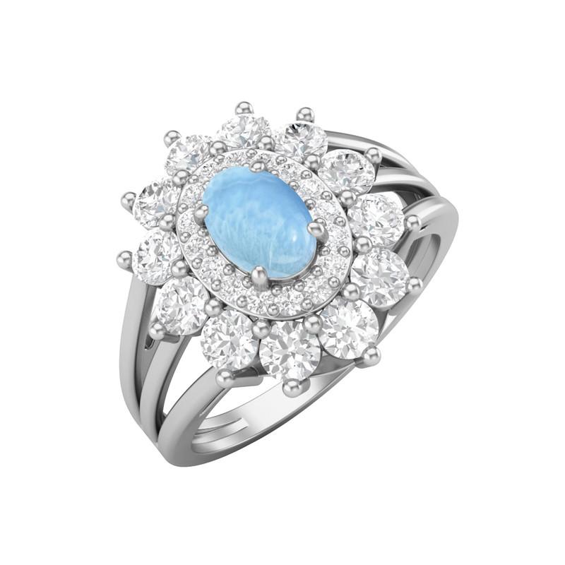 6X4MM Oval Larimar Gemstone 925 Sterling Silver Halo Split Shank Ring