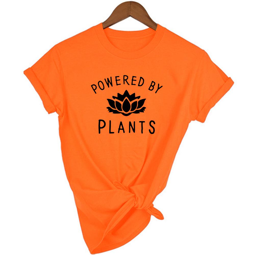 Powered By Plants Women T Shirt Round Neck Vegan Gift Shirts Graphic Tee Garden Vegetable Tumblr