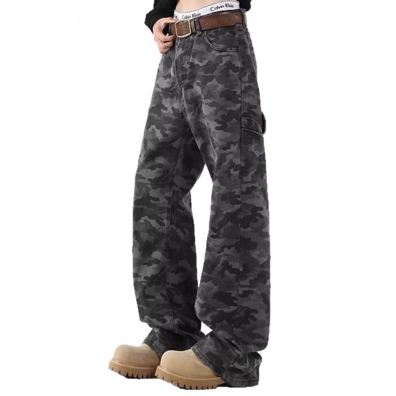 Herren Vintage Camo Weite Bein Jeans Entspannter Gerader Schnitt Arbeitskleidung Hosen