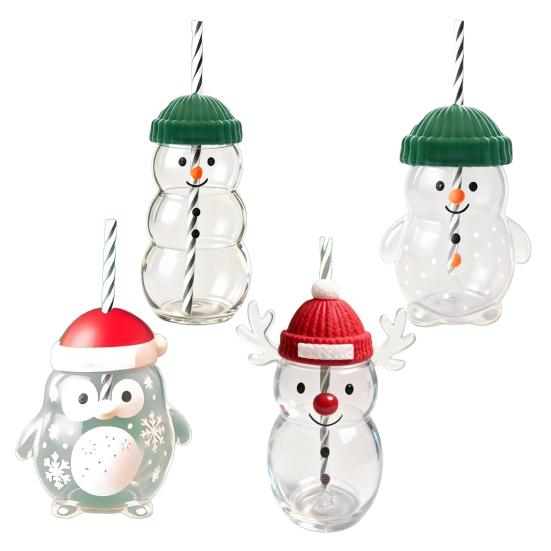 Christmas Glass Tumbler Snowman Penguin Deer Drinking Cup Juice Milk Mug Reusable Holiday Water Bottle for Kids