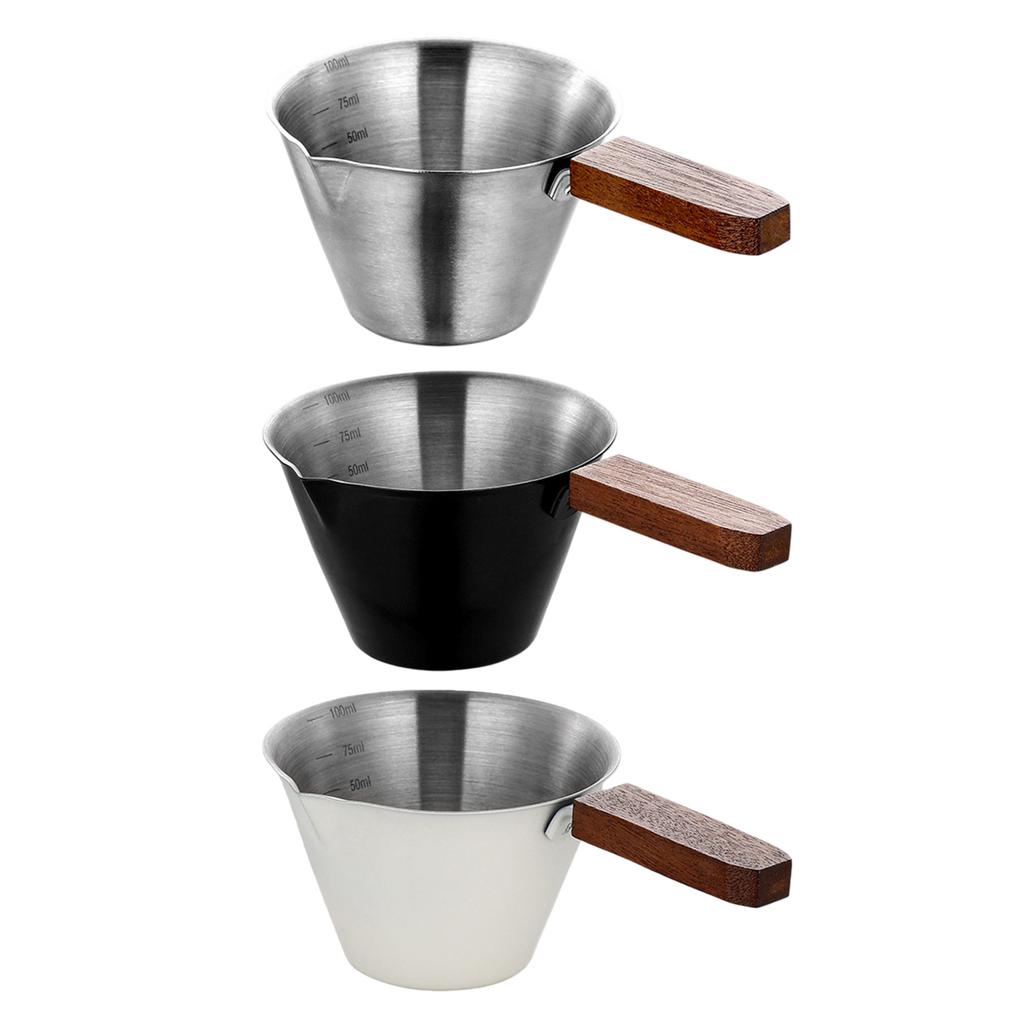 3PCS Elegant Wood Handle Espresso Cup Rustproof Stainless Steel Visible Measurement Lines Brewing Cup for Home and Cafes