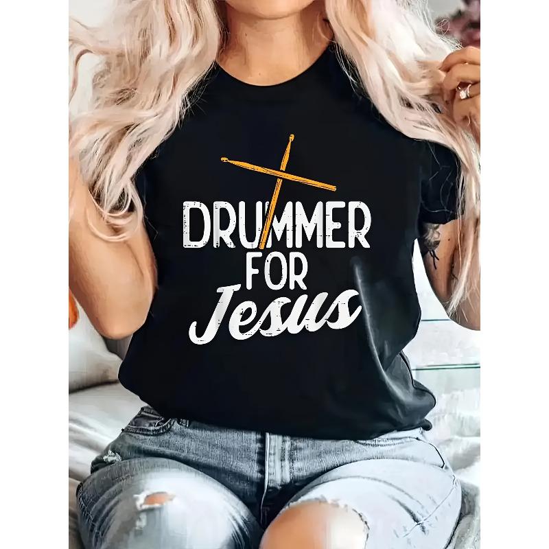 

Women S Graphic T-Shirt - Casual Black Crew Neck Short Sleeve Top with Drumsticks Design, Perfect for Spring & Summer, Spring Casual Wear 4XL чорний