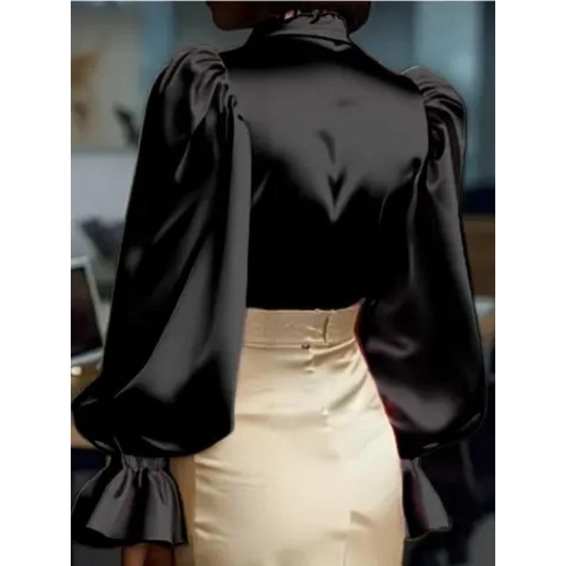 TIFICY Women's Fashion Casual Spring Autumn Solid Color Print Long Sleeve POLO Neck Blouses & Shirts