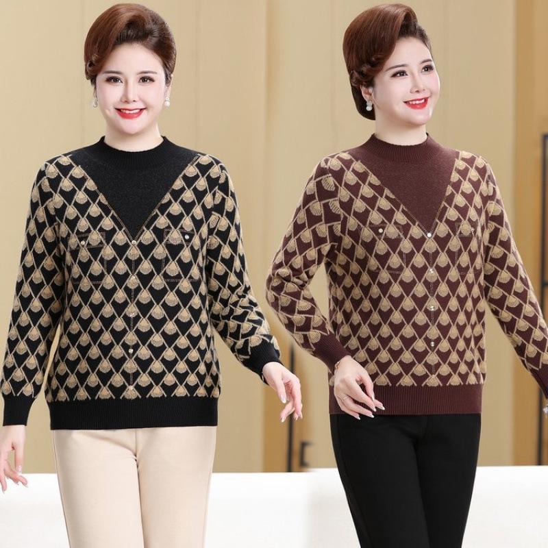 Plus Size Warm Knit Pullover for Women - Autumn/Winter Round Neck Sweater for Middle-aged & Elderly