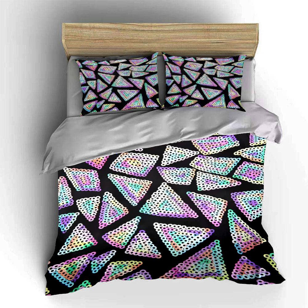 3Pcs Rainbow Pixel Triangles Bedding Set, Perler Bead Style Print Duvet Cover + 2 Pillowcases, Retro Decor