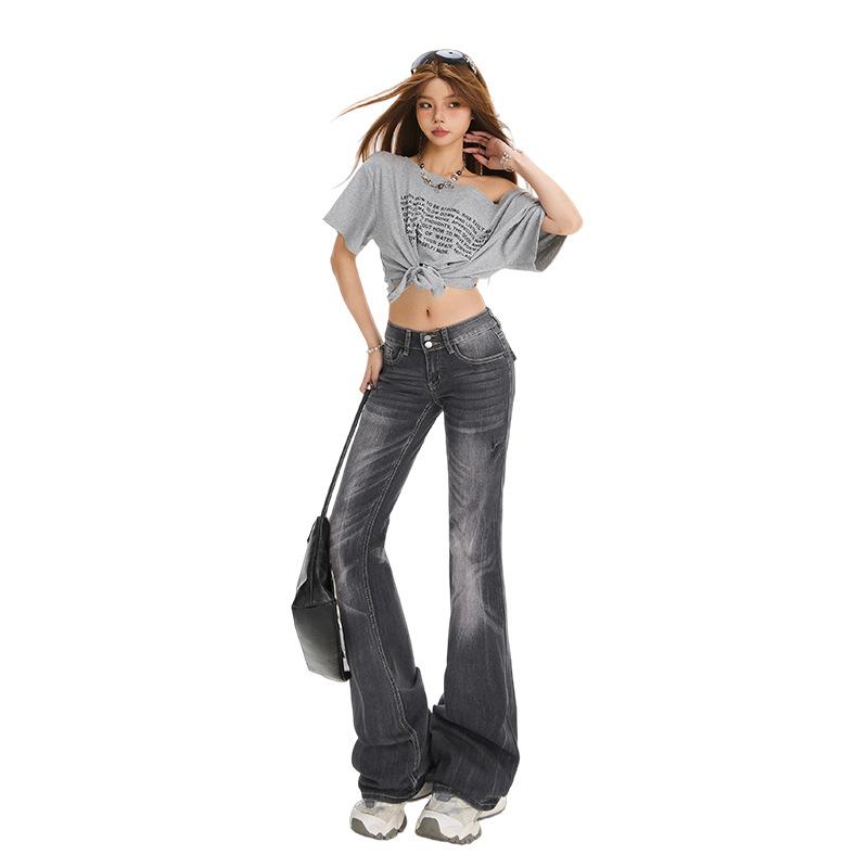 Spice girl low-rise and slightly pulled jeans women's spring new American slim-fitting and thin versatile horseshoe flared pants