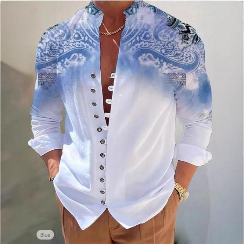Camicia da uomo a maniche lunghe per primavera estate Stampa Paisley Sfumata Collo alla coreana Bottoni