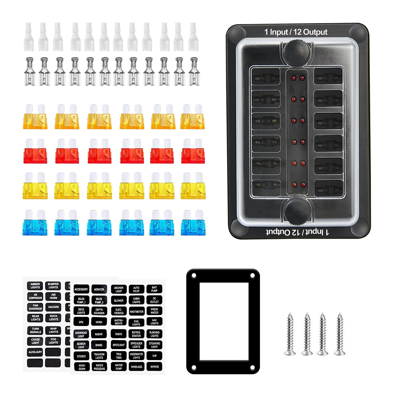 

1 комплект из 12 дорожных предохранителей, фар или распределительного блока предохранителей, органайзера предохранителей и кольца предохранителей, силиконового уплотнителя, водонепроницаемого терминала 12.95*8.7*4.2cm матово-белый/чёрный