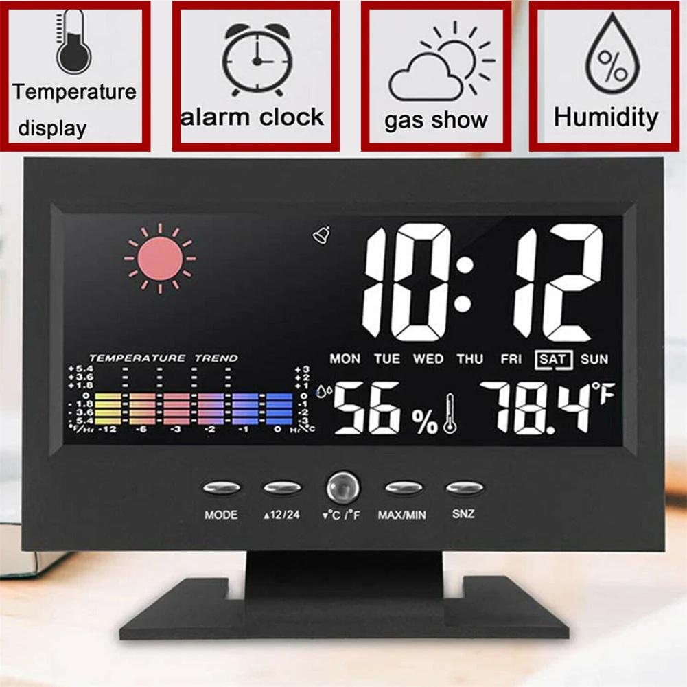 Réveil Avec Grand Écran Tactile Couleur à Commande Vocale, Câble USB, Test d'Humidité, Station Météorologique 5-en-1 Pour Chambre à Coucher, Salon