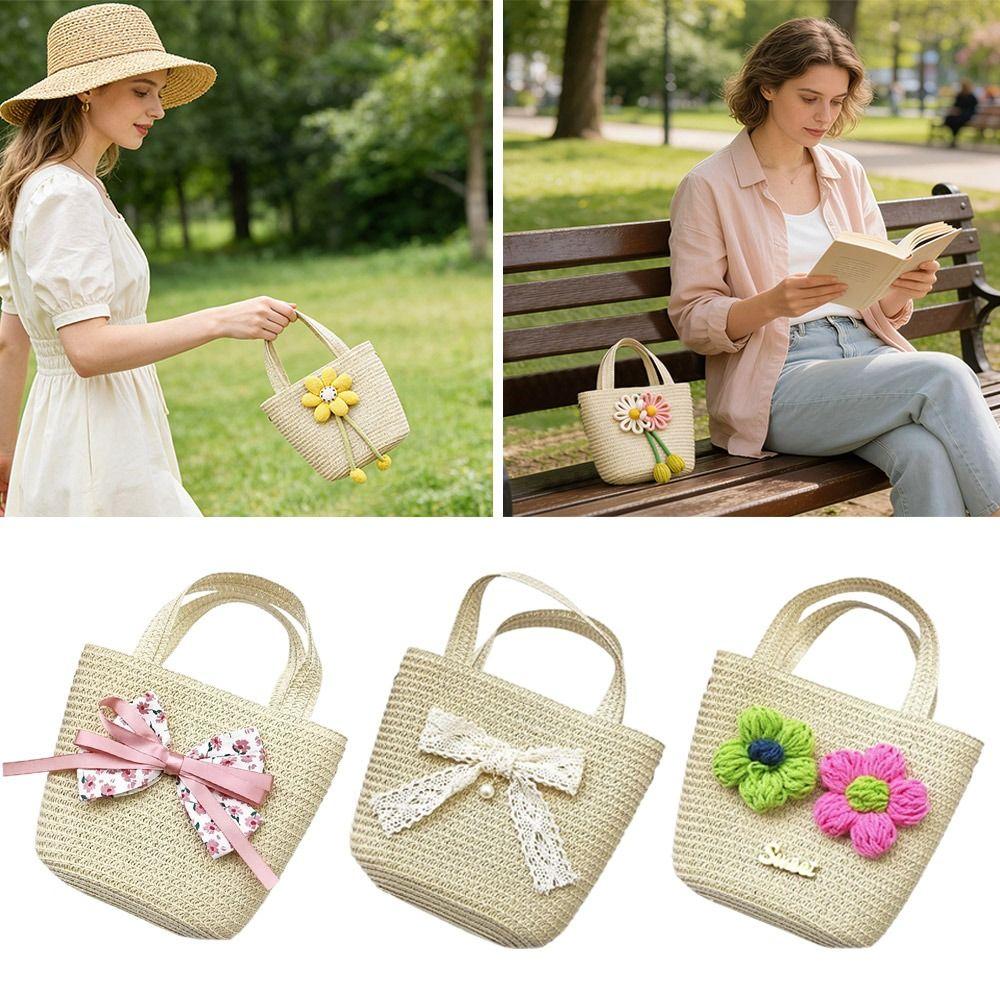 Cute Handmade Woven Straw Bag Bowknot Breathable Storage Basket Flower Coin Purse Kids Girls