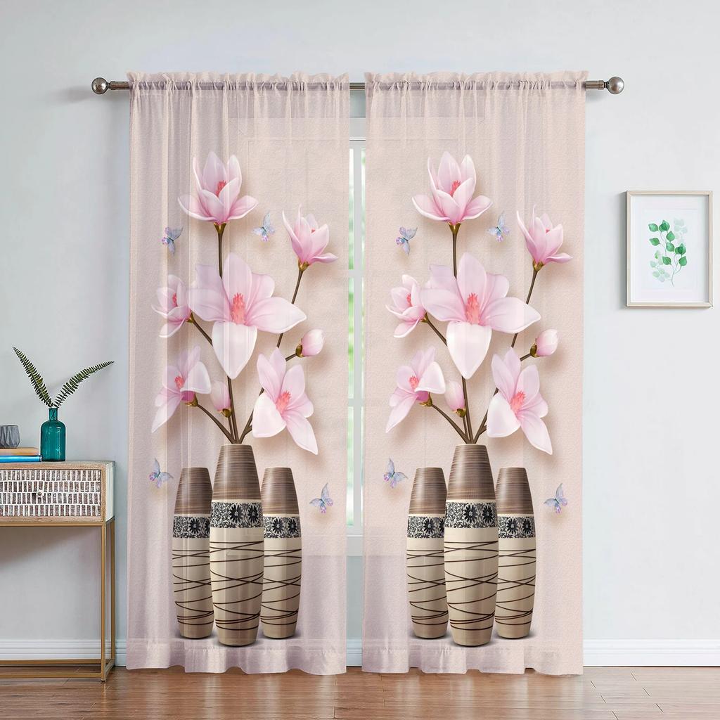 Delicate Vases Floral Curtain Living Room Bedroom Transparent Tulle Chiffon Voile Kitchen Window Curtains Sheer Made Of Polyester Sitting Decor