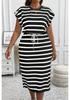 Europäisches & Amerikanisches Gestreiftes Schnürkleid für Damen mit taillierter Taille & Rundhalsausschnitt.