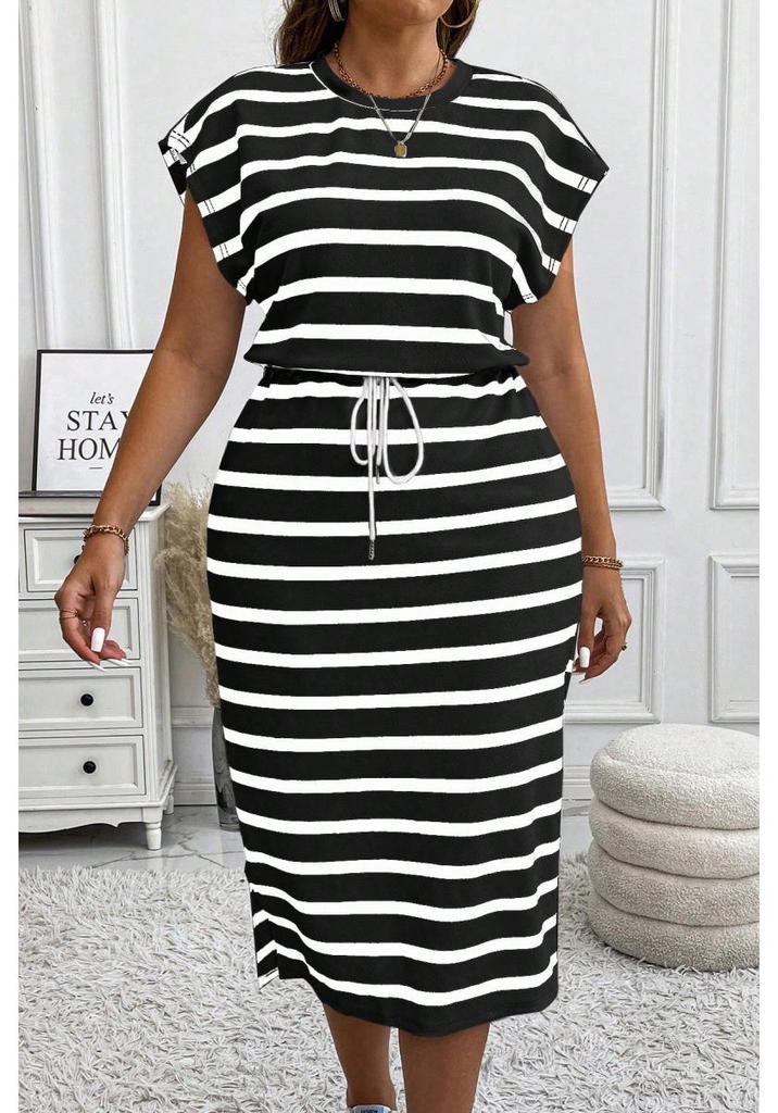 Europäisches & Amerikanisches Gestreiftes Schnürkleid für Damen mit taillierter Taille & Rundhalsausschnitt.