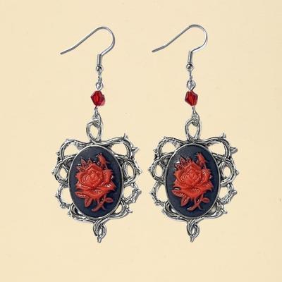 Gothic Silver Color Oval-shaped Thorny Frame Red Rose Flower Relief Dangle Earrings for Women Halloween Party Punk Jewelry Gifts