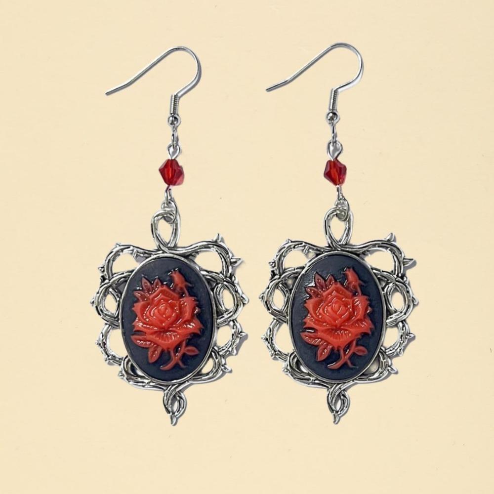 Gothic Silver Color Oval-shaped Thorny Frame Red Rose Flower Relief Dangle Earrings for Women Halloween Party Punk Jewelry Gifts