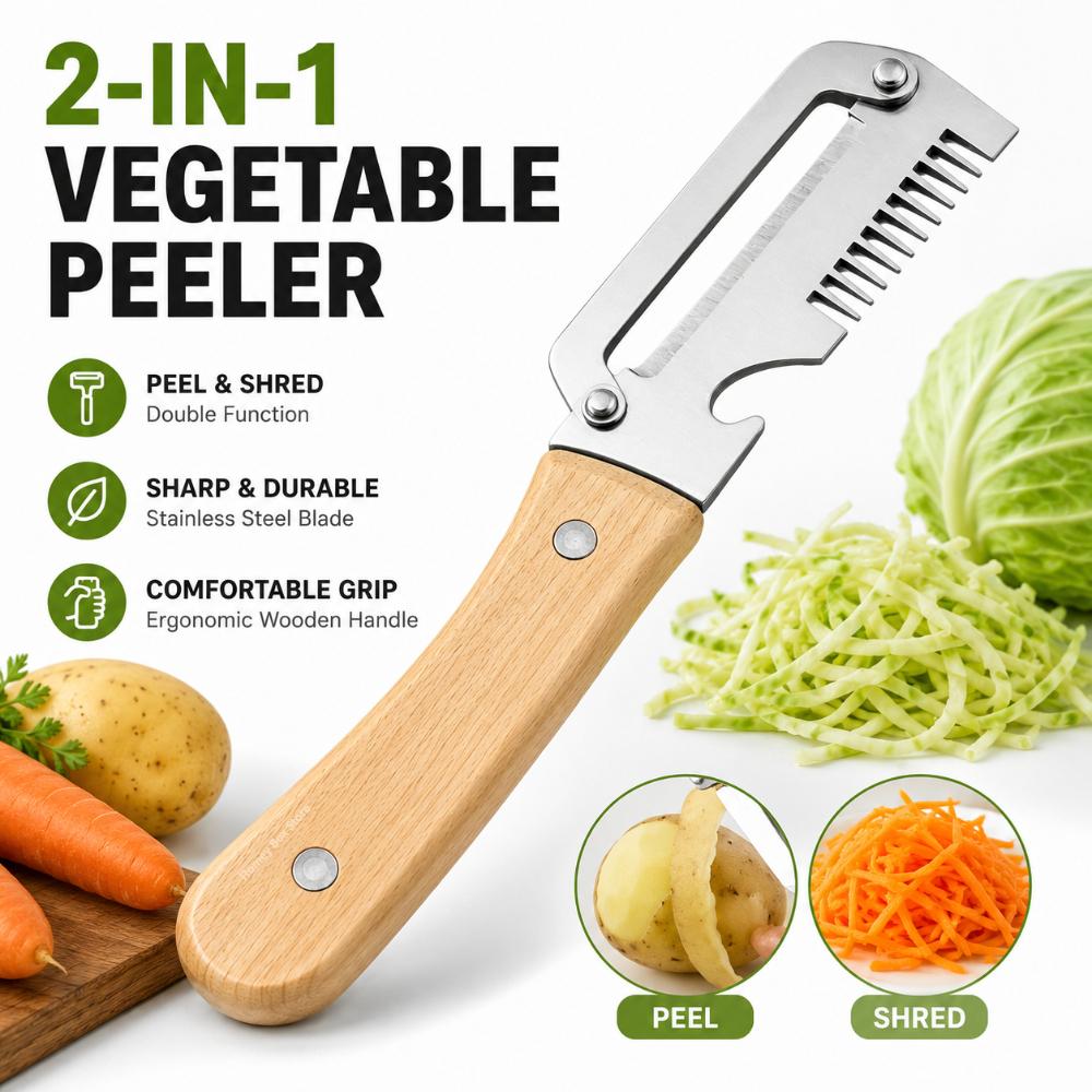 Kitchen Culinary Gadget 2-in-1 Stainless Steel Peeler Ergonomic Wood Handle for Fruit Potato Vegetable Trimming