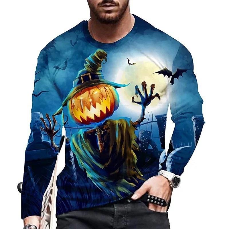 Men s Halloween 3D Printed Crew Neck Long Sleeve T-Shirt Fashion Versatile Breathable Trend Casual S
