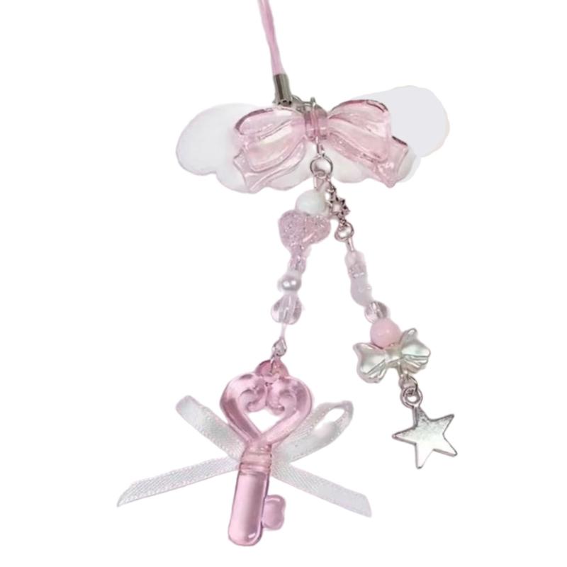 Sweet Bowknot Phone Charm Angel Wing Pendant Keychain for Bag Accessory Phone Strap Lanyard Beaded Key Chain Jewelry