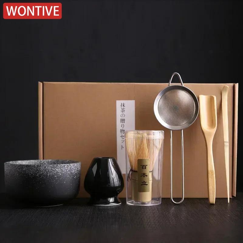 6 Pcs Bamboo Matcha Whisk Scoop and Holder Matcha Bowl with Strainer Japanese Matcha Ceremony Accessory for Family Beginner