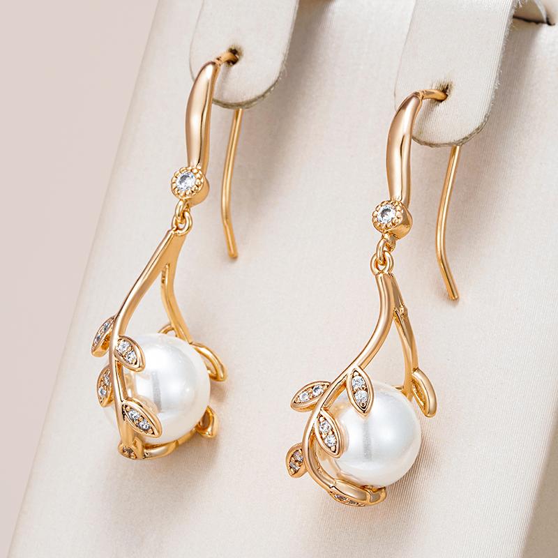 Pearl Long Drop Earrings For Women Trendy  Rose Gold Color Natural Zircon Vintage Flower Party Fine Daily Jewelry