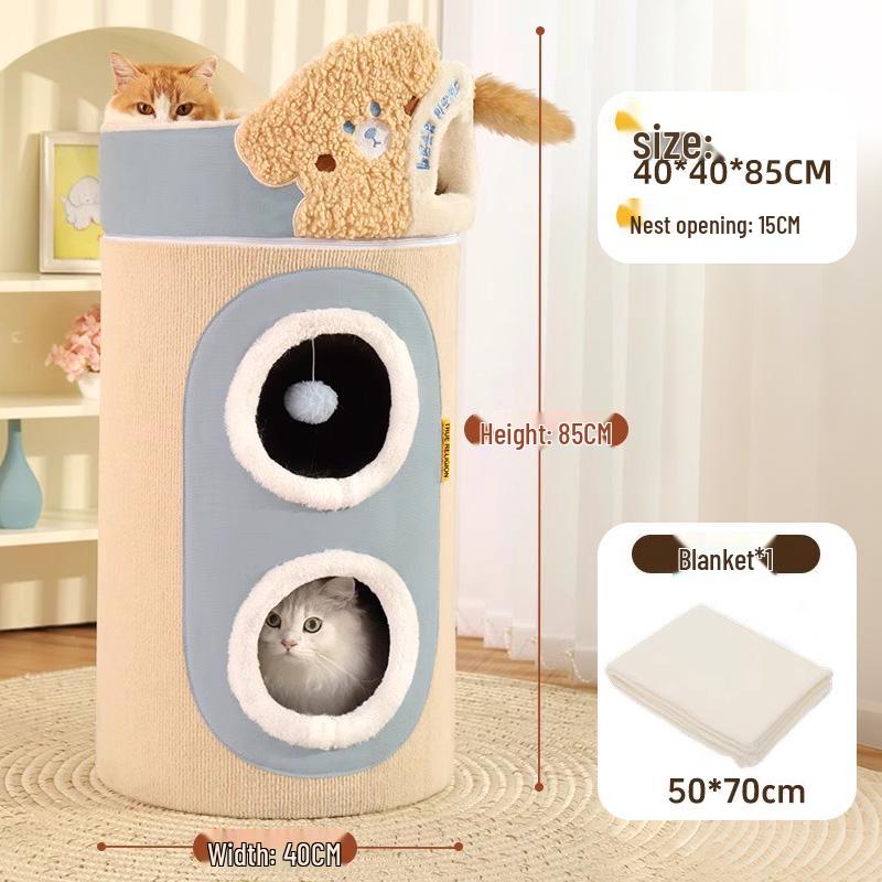 Compact Cat Tree & Bed with Enclosed Two-Layer Design, Scratching Board, Sisal Barrel - All-Season