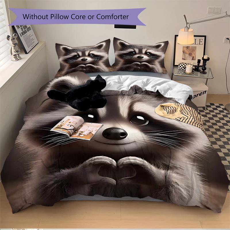 3pcs Raccoon with 1 Comforter and 2 Pillowcases (No Core) - Cute Animal for Bedroom, Festival Gift, Polyester Fabric, Anime Design, Suitable for Livin