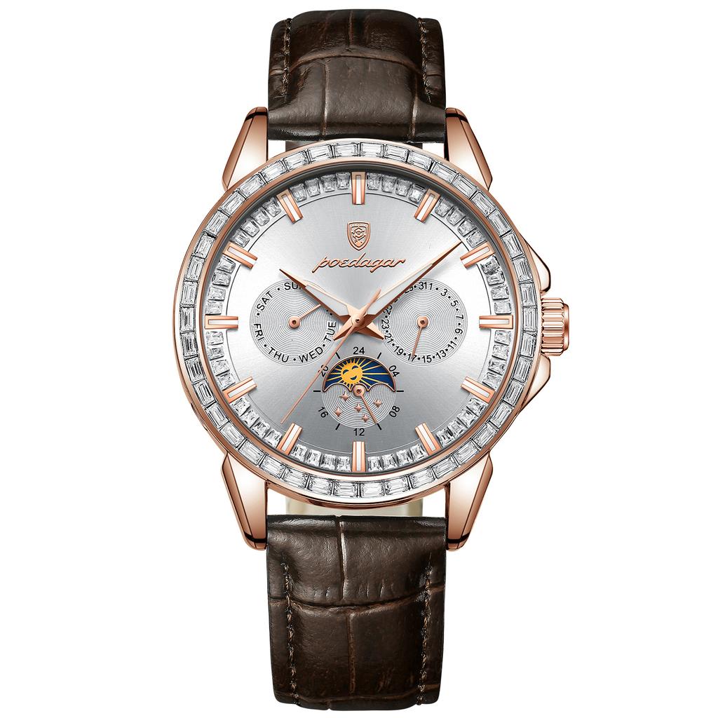 Herren-Quarzuhr mit Diamantenbesatz, Drei-Augen-Sechs-Zeiger-Mondphasen-Zifferblatt, Wasserdichte Herrenuhr mit Leuchtzeigern für Business und Freizeit, Geschenk für die Feiertage