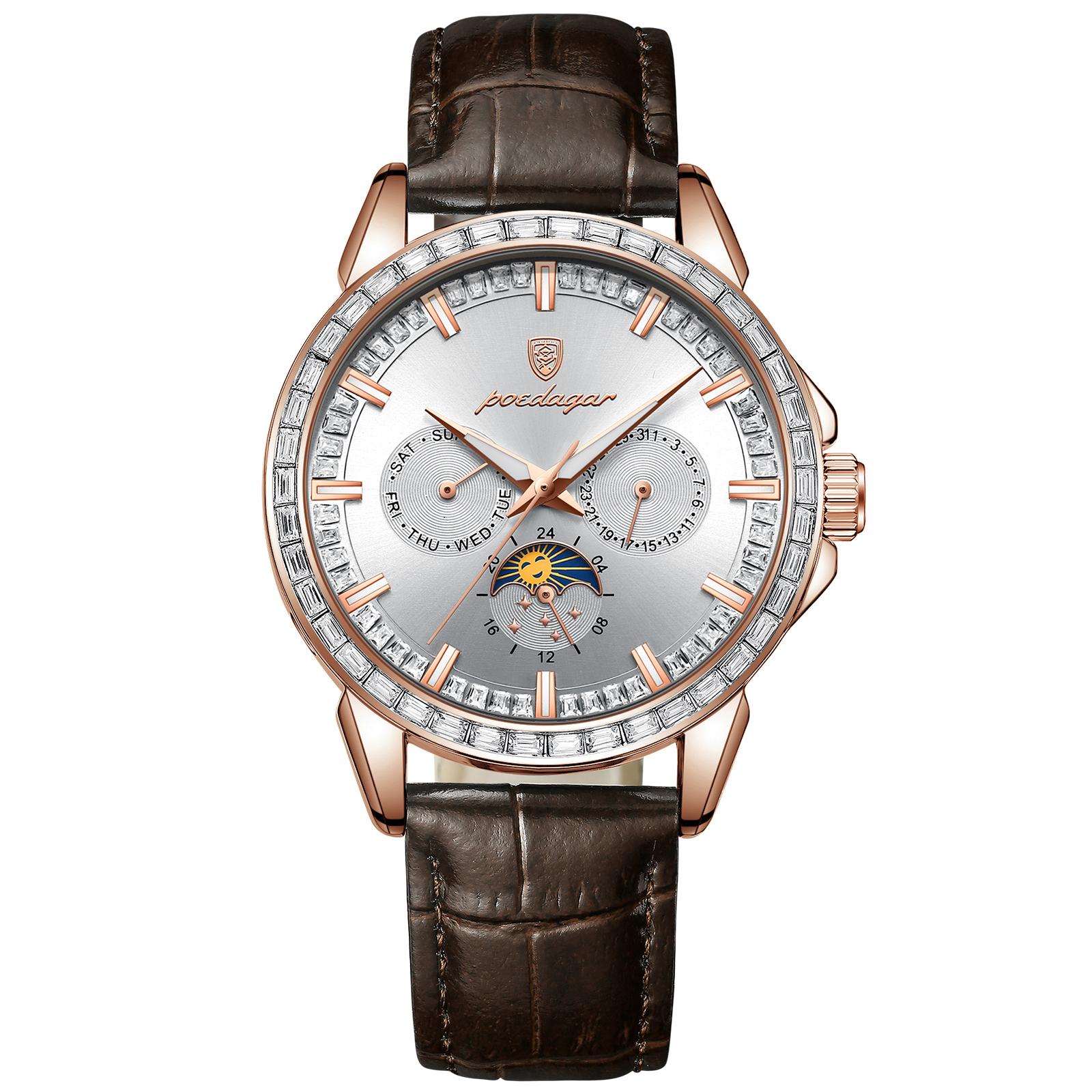 

Чоловічий кварцовий годинник із діамантами, три вічка, шість голок, циферблат фази місяця, чоловічий водонепроникний діловий годинник зі світлом, подарунок до свята Яскраво-рожевий/білий