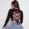 Spring and summer women's clothing, sexy off-the-navel long-sleeved slim-fit bottoming shirt, straps on the back, backless T-shirt top