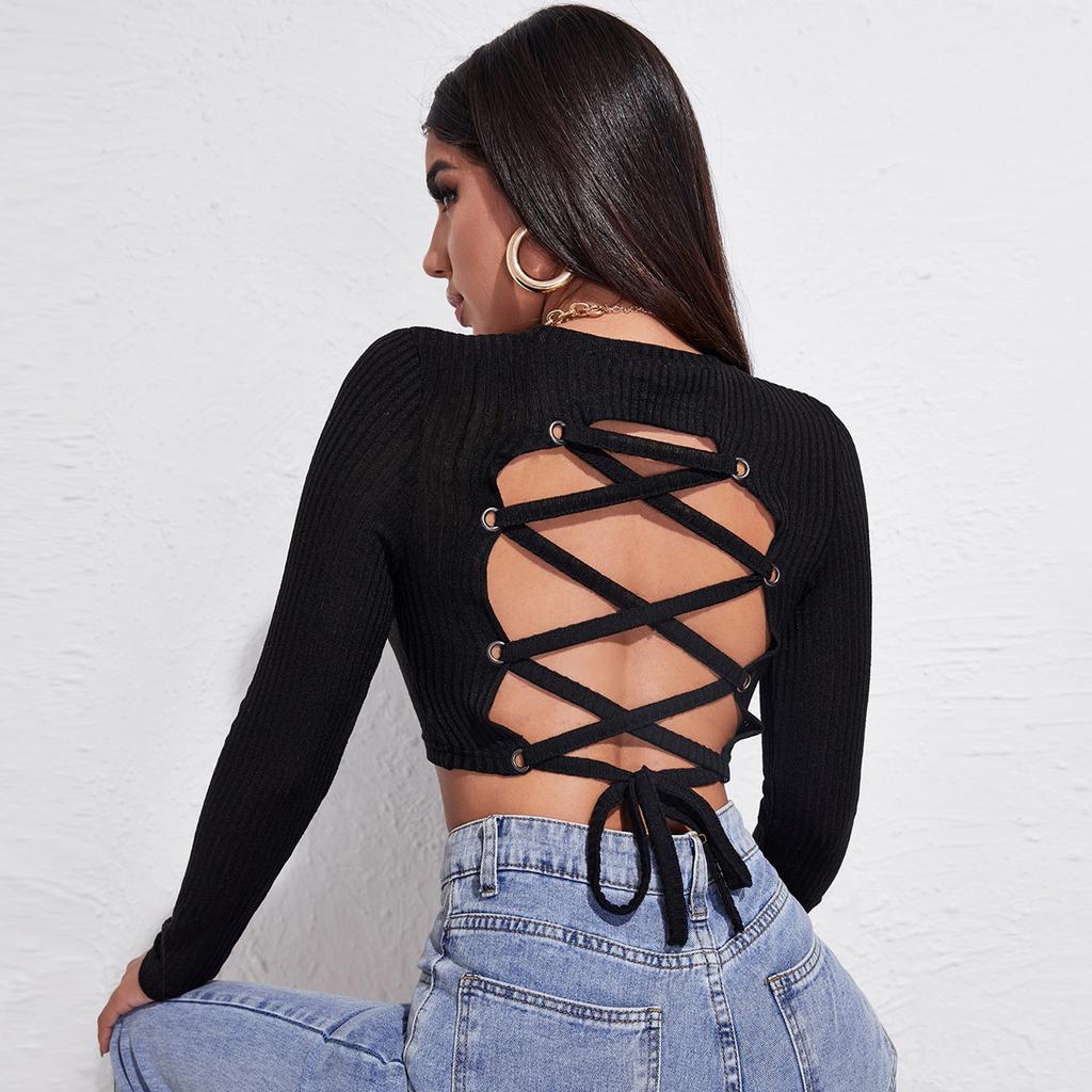 Spring and summer women's clothing, sexy off-the-navel long-sleeved slim-fit bottoming shirt, straps on the back, backless T-shirt top